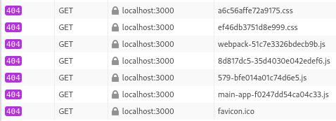 The browser&rsquo;s network tab showing a lot of 404 errors.